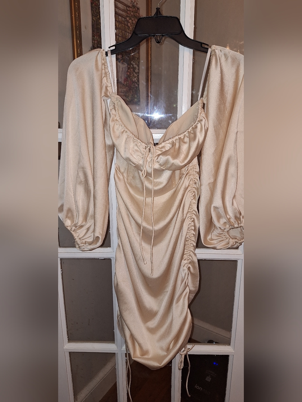 Sabo Satin Ruched Long Sleeve Midi Dress - Champagne
